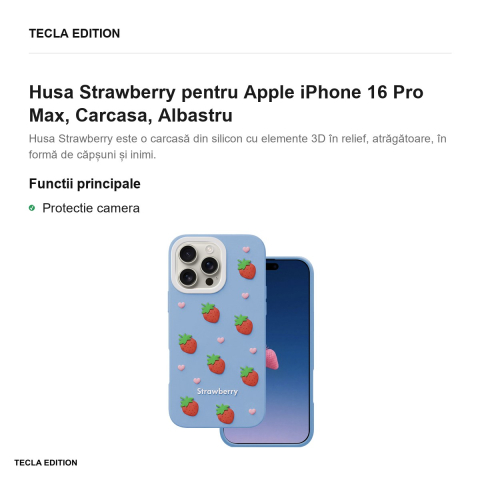 Husa Strawberry pentru Apple iPhone 16 Pro Max, Carcasa, Albastru [1]