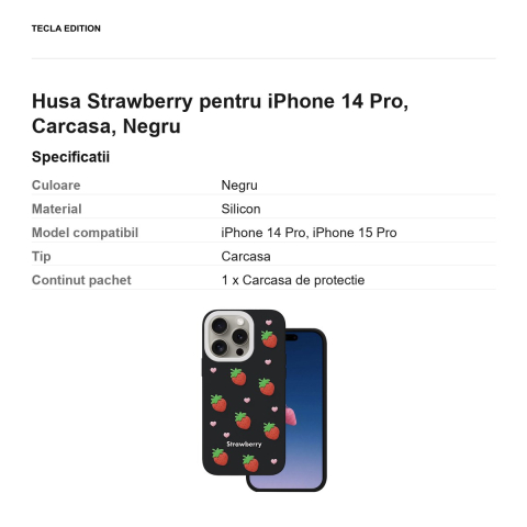 Husa Strawberry pentru iPhone 14 Pro, Carcasa, Negru [2]