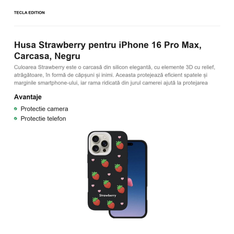 Husa Strawberry pentru iPhone 16 Pro Max, Carcasa, Negru [1]