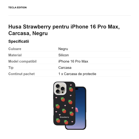Husa Strawberry pentru iPhone 16 Pro Max, Carcasa, Negru [2]