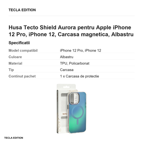 Husa Tecto Shield Aurora pentru Apple iPhone 12 Pro, iPhone 12, Carcasa magnetica, Albastru [2]