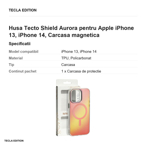 Husa Tecto Shield Aurora pentru Apple iPhone 13, iPhone 14, Carcasa magnetica, Roz [2]