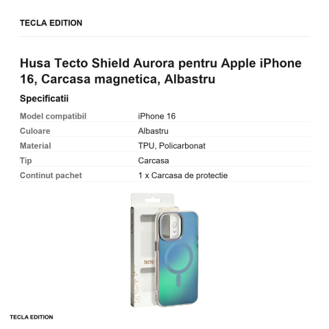 Husa Tecto Shield Aurora pentru Apple iPhone 16, Carcasa magnetica, Albastru [2]