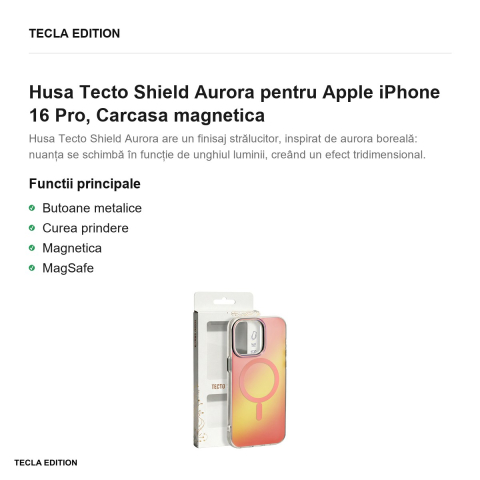 Husa Tecto Shield Aurora pentru Apple iPhone 16 Pro, Carcasa magnetica, Roz [1]