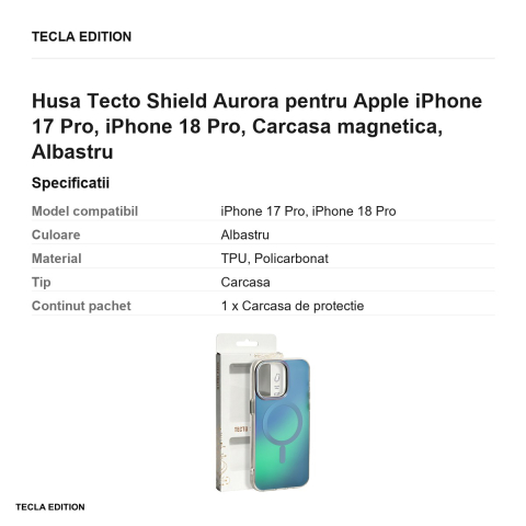 Husa Tecto Shield Aurora pentru Apple iPhone 17 Pro, iPhone 18 Pro, Carcasa magnetica, Albastru [2]