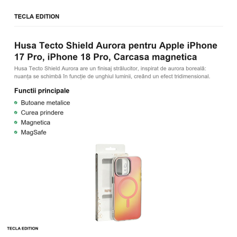 Husa Tecto Shield Aurora pentru Apple iPhone 17 Pro, iPhone 18 Pro, Carcasa magnetica, Roz [1]