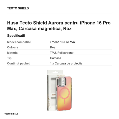 Husa Tecto Shield Aurora pentru iPhone 16 Pro Max, Carcasa magnetica, Roz [2]