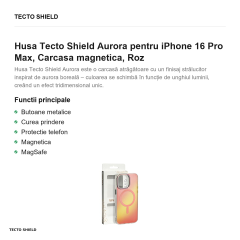 Husa Tecto Shield Aurora pentru iPhone 16 Pro Max, Carcasa magnetica, Roz [1]