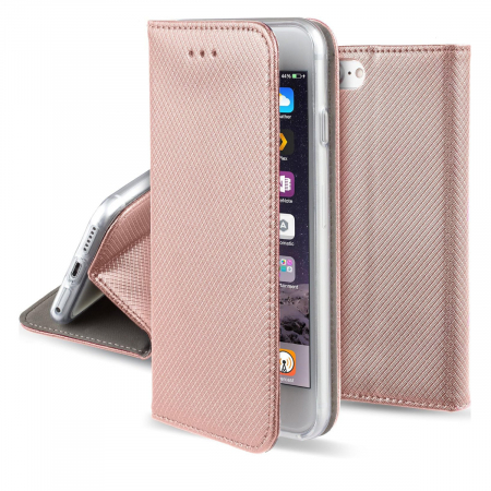 Husa tip carte, compatibila cu iPhone 14, premium flip book cu inchidere magnetica si functie stand, buzunar card, rose gold [1]