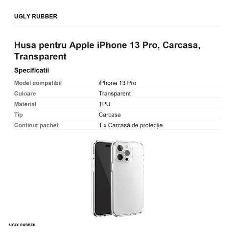 Husa Ugly Rubber Pure pentru Apple iPhone 13 Pro, Carcasa, Transparent [2]