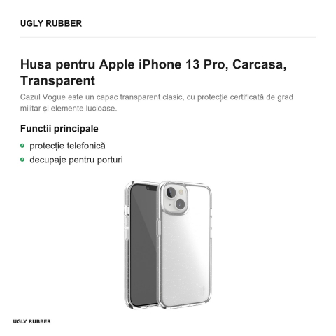 Husa Ugly Rubber Vogue pentru Apple iPhone 13 Pro, Carcasa, Transparent [1]