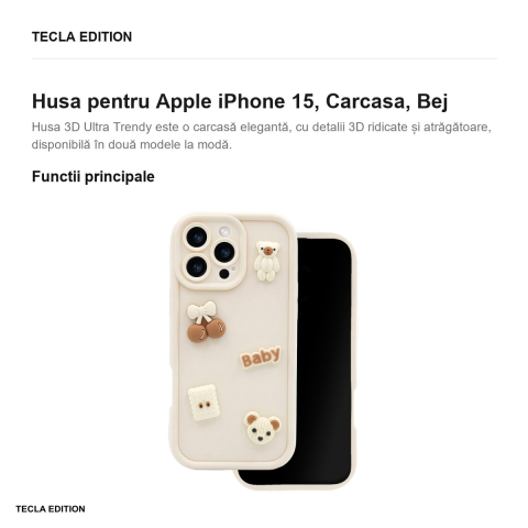 Husa Ultra Trendy 3D bear pentru Apple iPhone 15, Carcasa, Bej [1]