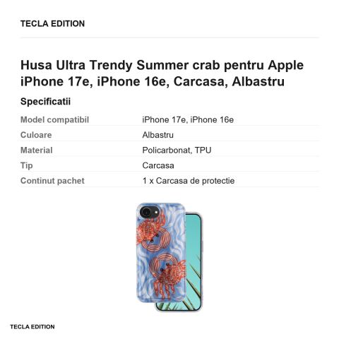 Husa Ultra Trendy Summer crab pentru Apple iPhone 17e, iPhone 16e, Carcasa, Albastru [2]