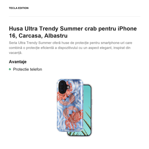 Husa Ultra Trendy Summer crab pentru iPhone 16, Carcasa, Albastru [1]