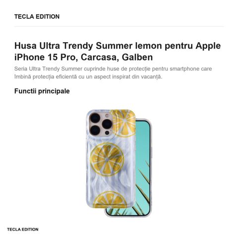 Husa Ultra Trendy Summer lemon pentru Apple iPhone 15 Pro, Carcasa, Galben [1]