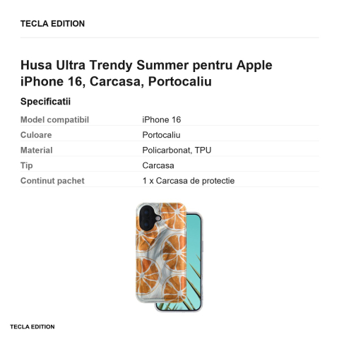 Husa Ultra Trendy Summer pentru Apple iPhone 16, Carcasa, Portocaliu [2]