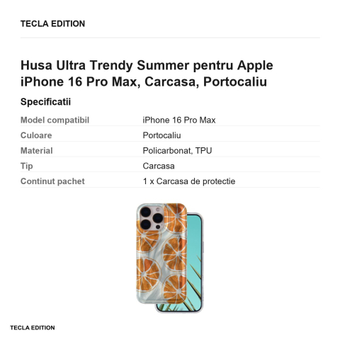 Husa Ultra Trendy Summer pentru Apple iPhone 16 Pro Max, Carcasa, Portocaliu [2]