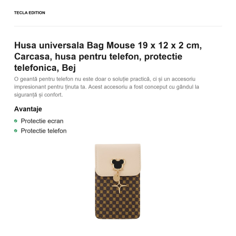 Geanta de telefon Mouse, dimensiuni 19 x 12 x 2 cm, pentru telefoane de pana la 6.7 inch, cu curea de umar, Bej [1]