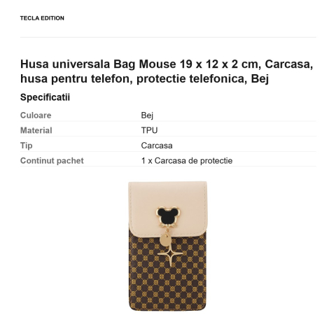 Geanta de telefon Mouse, dimensiuni 19 x 12 x 2 cm, pentru telefoane de pana la 6.7 inch, cu curea de umar, Bej [2]