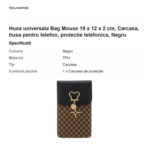 Geanta de telefon Mouse, dimensiuni 19 x 12 x 2 cm, pentru telefoane de pana la 6.7 inch, cu curea de umar, Neagra [2]