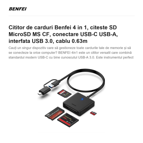Cititor de carduri Benfei 4 in 1, citeste SD MicroSD MS CF, conectare USB-C USB-A, interfata USB 3.0, cablu 0.63m [1]