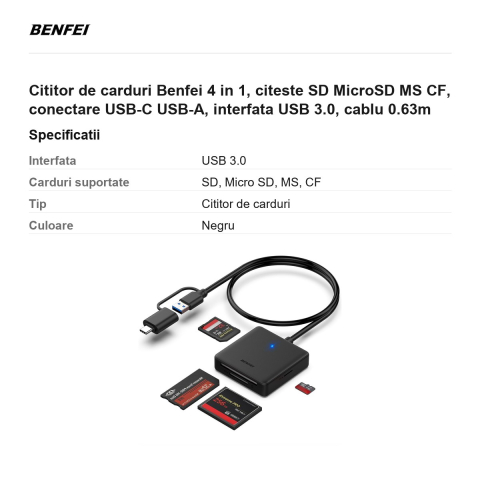 Cititor de carduri Benfei 4 in 1, citeste SD MicroSD MS CF, conectare USB-C USB-A, interfata USB 3.0, cablu 0.63m [2]