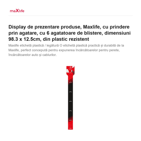 Display de prezentare produse, Maxlife, cu prindere prin agatare, cu 6 agatatoare de blistere, dimensiuni 98.3 x 12.5cm, din plastic rezistent [1]