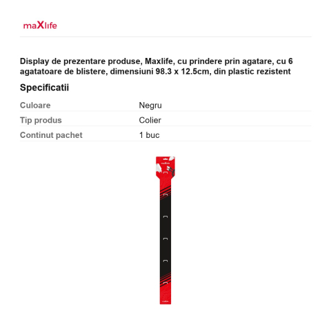 Display de prezentare produse, Maxlife, cu prindere prin agatare, cu 6 agatatoare de blistere, dimensiuni 98.3 x 12.5cm, din plastic rezistent [2]