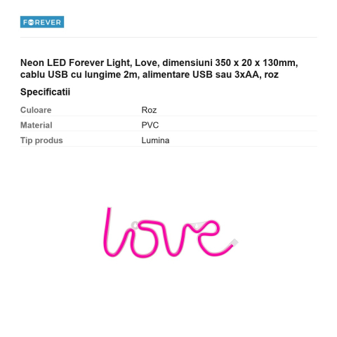 Neon LED Forever Light, Love, dimensiuni 350 x 20 x 130mm, cablu USB cu lungime 2m, alimentare USB sau 3xAA, roz [2]