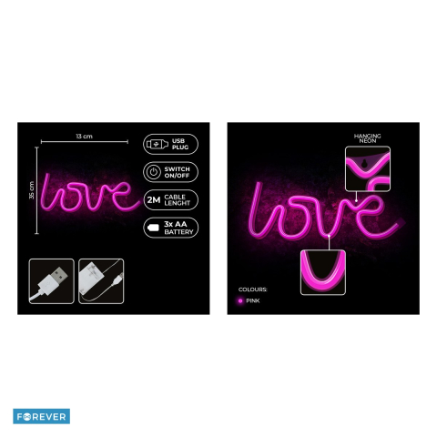 Neon LED Forever Light, Love, dimensiuni 350 x 20 x 130mm, cablu USB cu lungime 2m, alimentare USB sau 3xAA, roz [4]