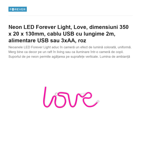 Neon LED Forever Light, Love, dimensiuni 350 x 20 x 130mm, cablu USB cu lungime 2m, alimentare USB sau 3xAA, roz [1]