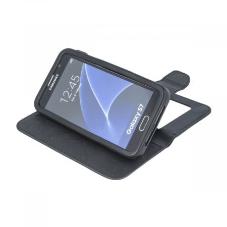 Husa universala pentru smartphone cu ecran de pana la 4.7 inch, 138mm x 74mm, tip carte, cu inchidere magnetica si functie stand, buzunar card, Smart Universal Fancy Silicon, neagra [3]
