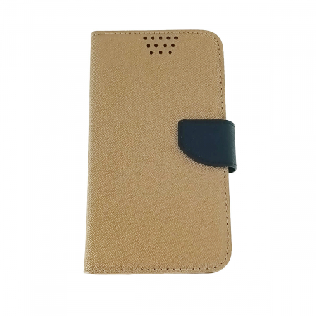 Huse si protectii diverse pentru Xiaomi - Husa universala pentru smartphone cu ecran de pana la 5.5 inch, 145mm x 80mm, tip carte, cu inchidere magnetica si functie stand, buzunar card, Smart Universal Fancy Silicon, auriu cu negru