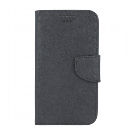 Husa universala pentru smartphone cu ecran de pana la 5.5 inch, 159mm x 87mm, tip carte, cu inchidere magnetica si functie stand, buzunar card, Smart Universal Fancy Silicon, neagra [2]