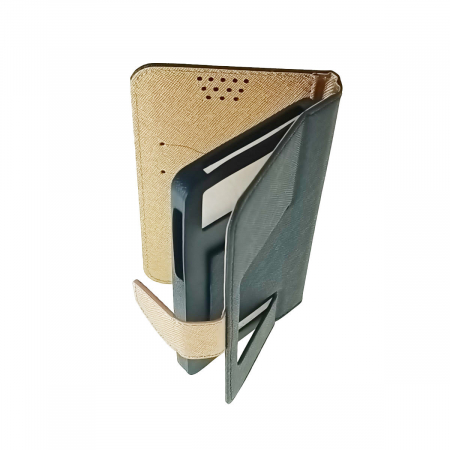 Husa universala pentru smartphone cu ecran de pana la 5 inch, 145mm x 83mm, tip carte, cu inchidere magnetica si functie stand, buzunar card, Smart Universal Fancy Silicon, neagra cu auriu [4]