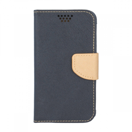 Husa universala pentru smartphone cu ecran de pana la 5 inch, 145mm x 83mm, tip carte, cu inchidere magnetica si functie stand, buzunar card, Smart Universal Fancy Silicon, neagra cu auriu [2]