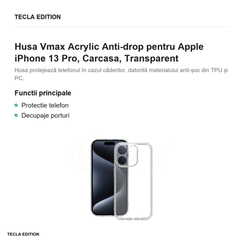 Husa Vmax Acrylic Anti-drop pentru Apple iPhone 13 Pro, Carcasa, Transparent [1]