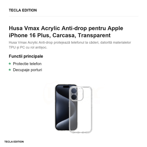 Husa Vmax Acrylic Anti-drop pentru Apple iPhone 16 Plus, Carcasa, Transparent [1]