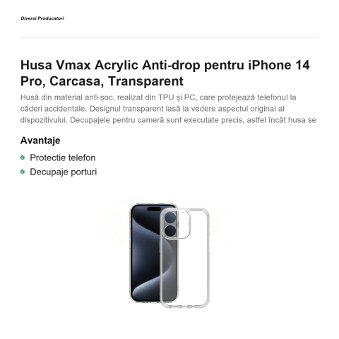 Husa Vmax Acrylic Anti-drop pentru iPhone 14 Pro, Carcasa, Transparent [1]