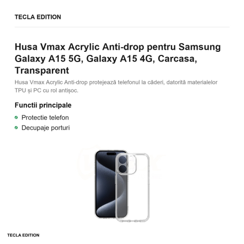 Husa Vmax Acrylic Anti-drop pentru Samsung Galaxy A15 5G, Galaxy A15 4G, Carcasa, Transparent [1]
