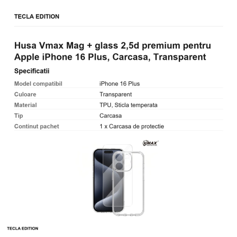 Husa Vmax Mag + glass 2,5d premium pentru Apple iPhone 16 Plus, Carcasa, Transparent [2]
