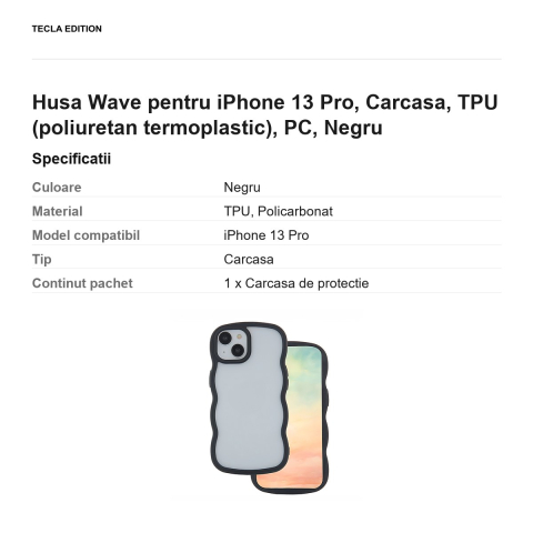 Husa Wave pentru iPhone 13 Pro, Carcasa, TPU (poliuretan termoplastic), PC, Negru [2]