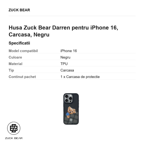 Husa Zuck Bear Darren pentru iPhone 16, Carcasa, Negru [2]