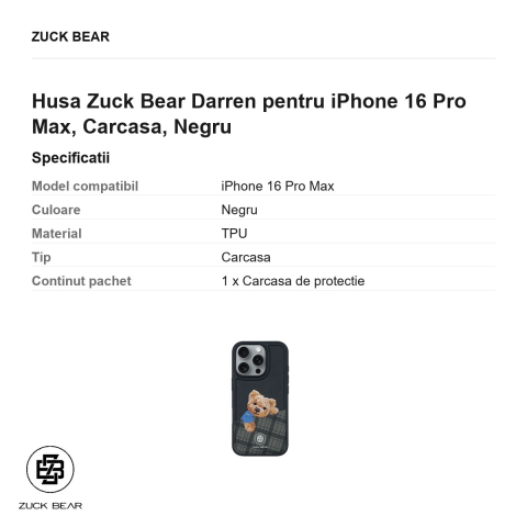 Husa Zuck Bear Darren pentru iPhone 16 Pro Max, Carcasa, Negru [2]