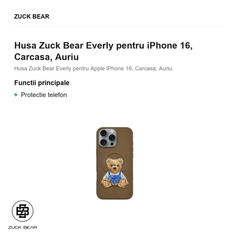 Husa Zuck Bear Everly pentru iPhone 16, Carcasa, Auriu [1]