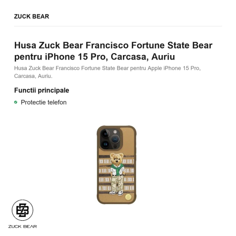 Husa Zuck Bear Francisco Fortune State Bear pentru iPhone 15 Pro, Carcasa, Auriu [1]