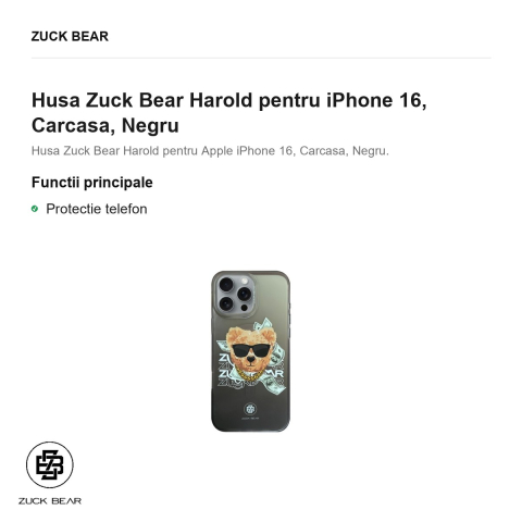 Husa Zuck Bear Harold pentru iPhone 16, Carcasa, Negru [1]