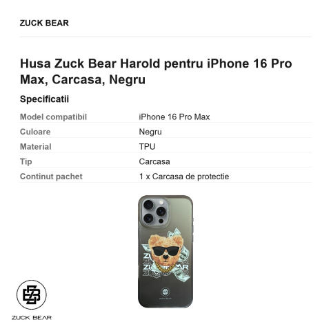 Husa Zuck Bear Harold pentru iPhone 16 Pro Max, Carcasa, Negru [2]