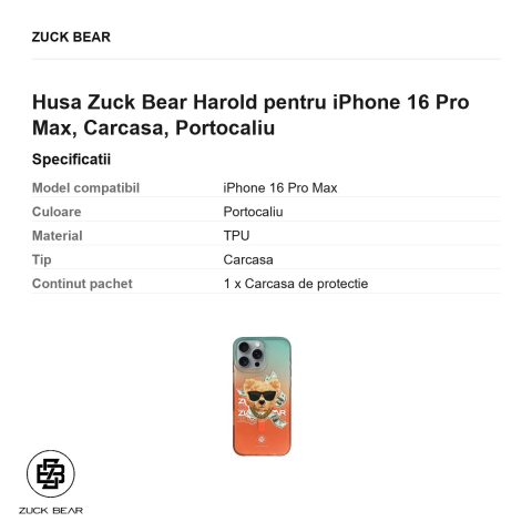 Husa Zuck Bear Harold pentru iPhone 16 Pro Max, Carcasa, Portocaliu [2]