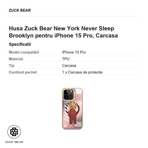 Husa Zuck Bear New York Never Sleep Brooklyn pentru iPhone 15 Pro, Carcasa [2]